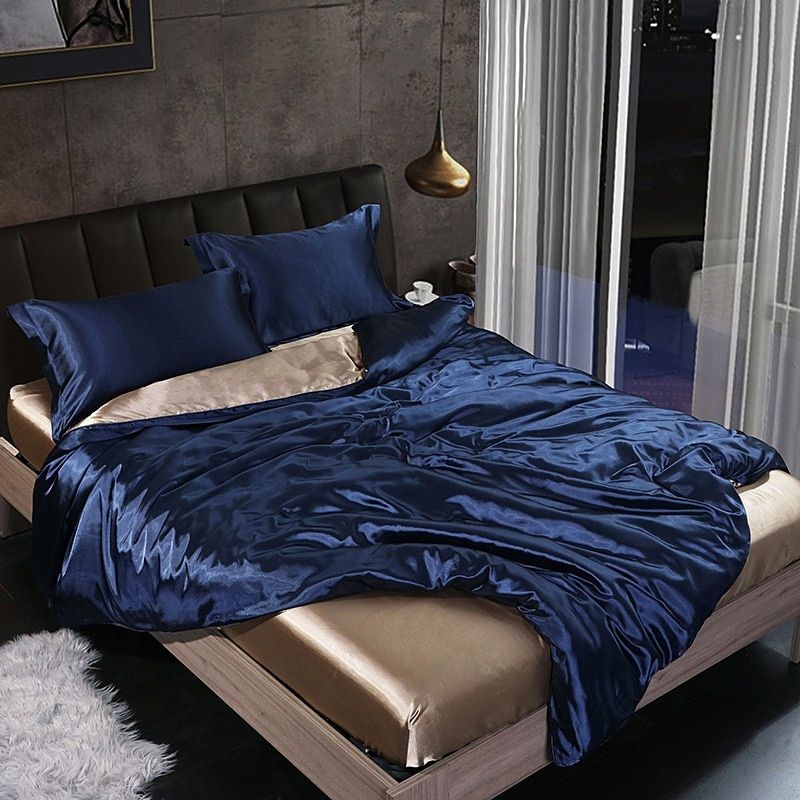 4-Piece Silk Bedding Set Soft Satin Duvet Cover, Fitted Sheet & Pillowcase Set