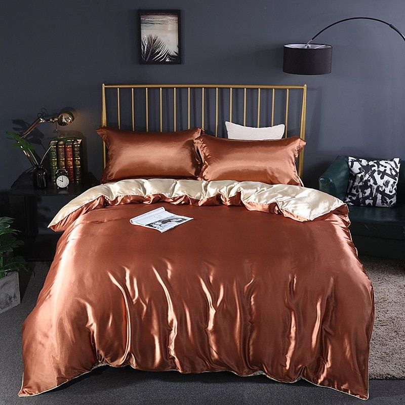 4-Piece Silk Bedding Set Soft Satin Duvet Cover, Fitted Sheet & Pillowcase Set