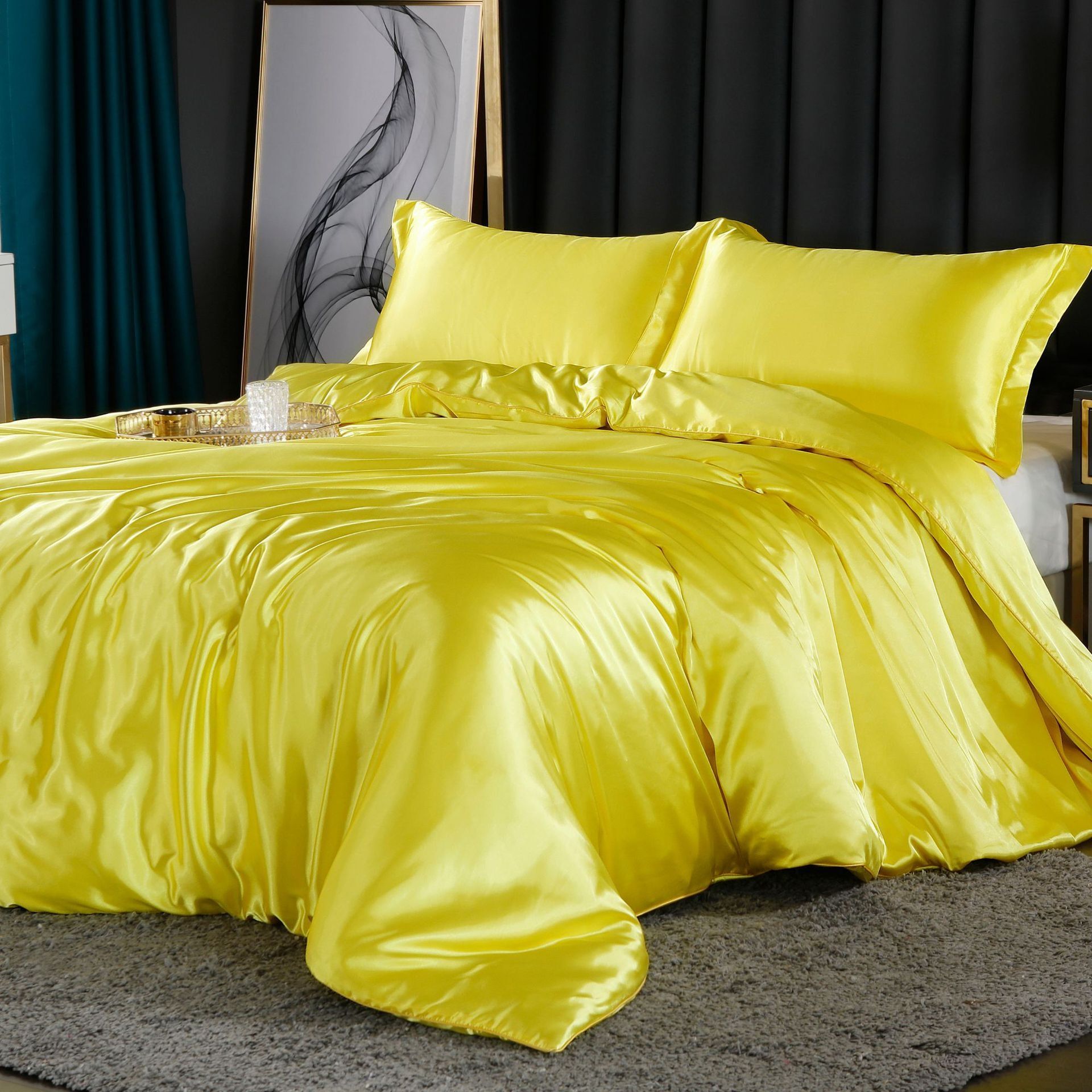 4-Piece Silk Bedding Set Soft Satin Duvet Cover, Fitted Sheet & Pillowcase Set