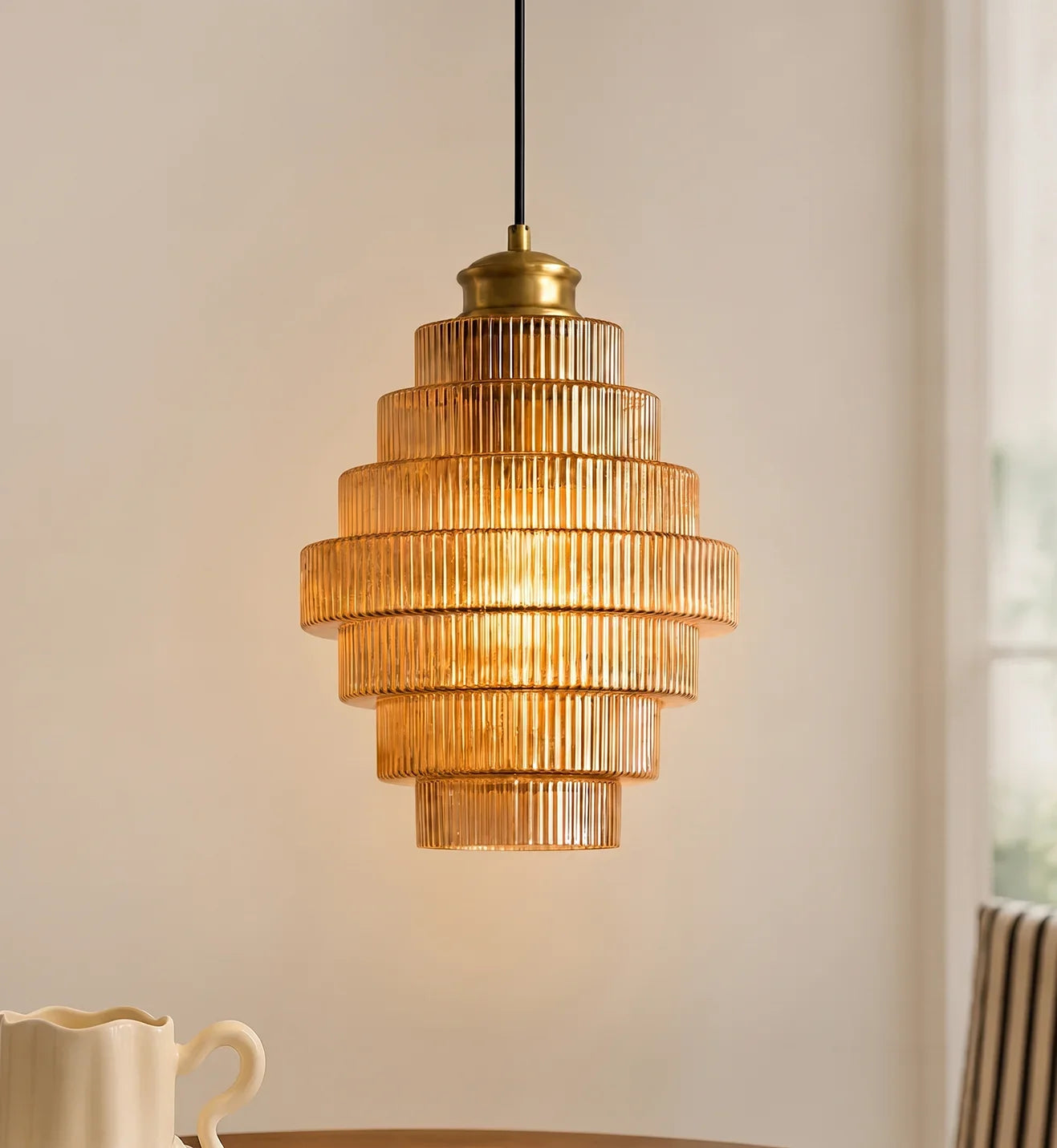 Antique Brass Striped Stained Glass Bottle Pendant Light