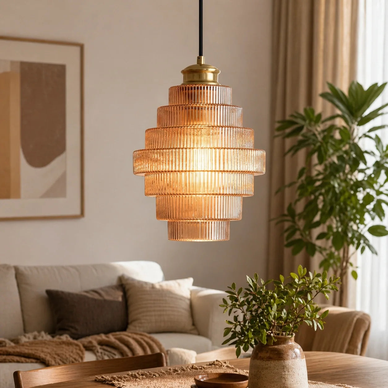 Antique Brass Striped Stained Glass Bottle Pendant Light