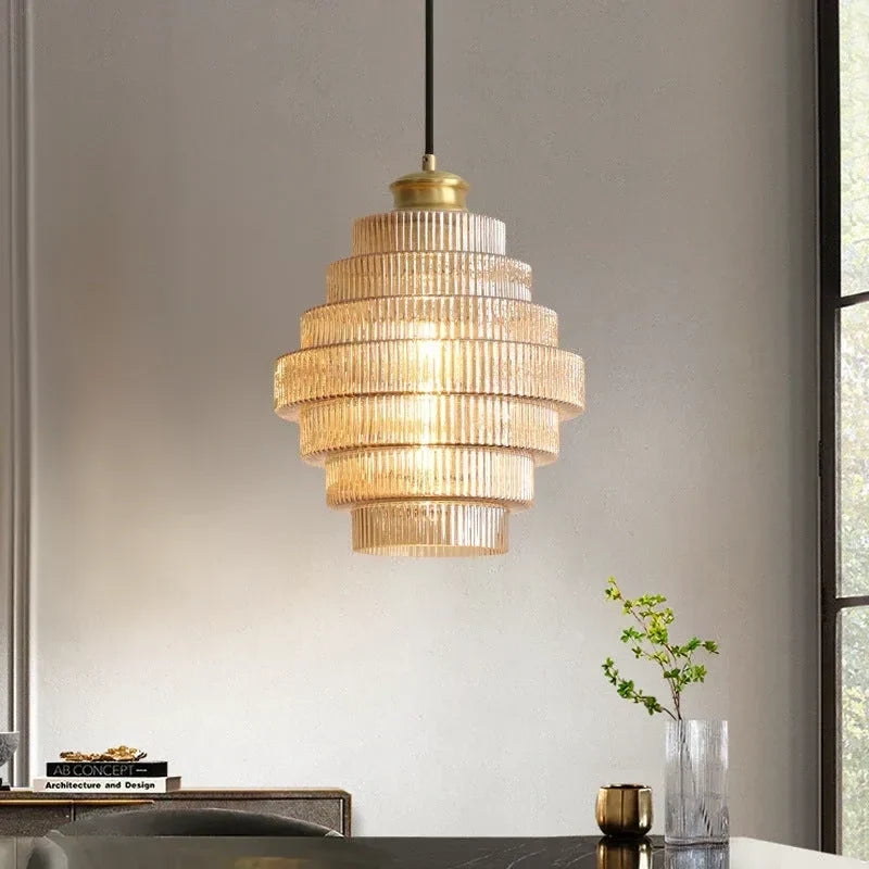 Antique Brass Striped Stained Glass Bottle Pendant Light