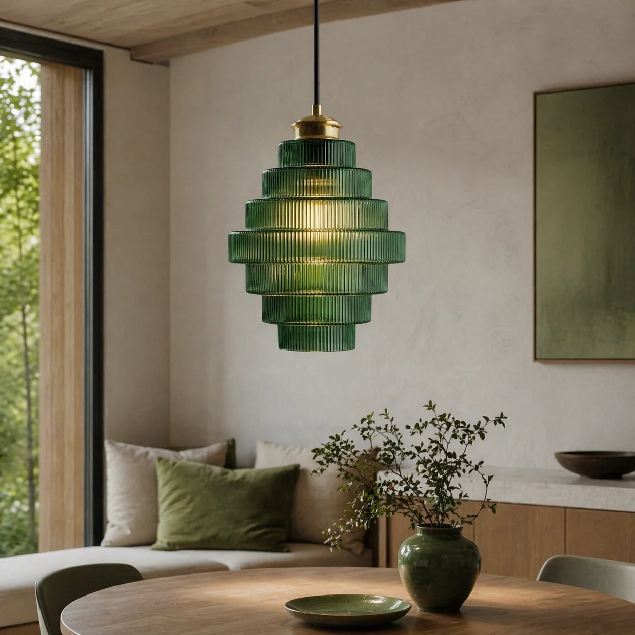 Antique Brass Striped Stained Glass Bottle Pendant Light