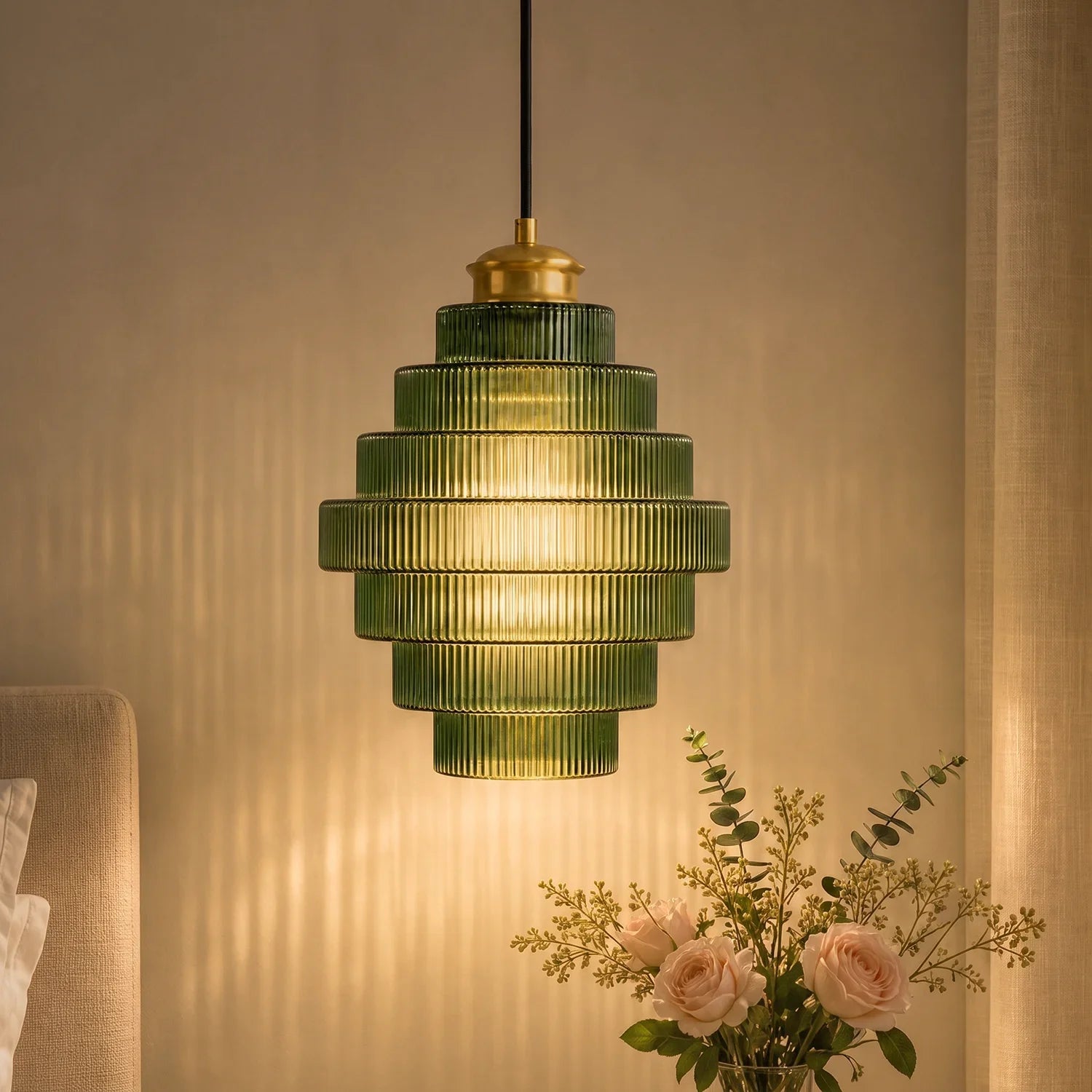 Antique Brass Striped Stained Glass Bottle Pendant Light