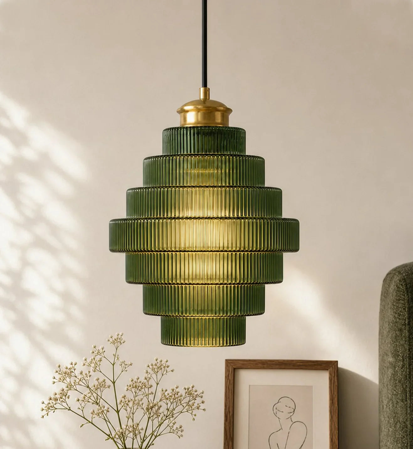 Antique Brass Striped Stained Glass Bottle Pendant Light