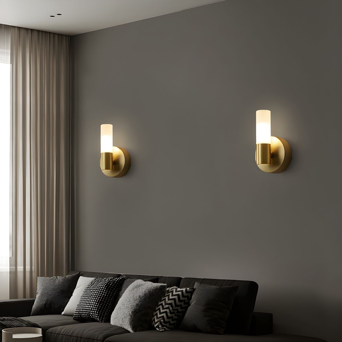 Brass LED Wall Light with Cylindrical Milk Shade