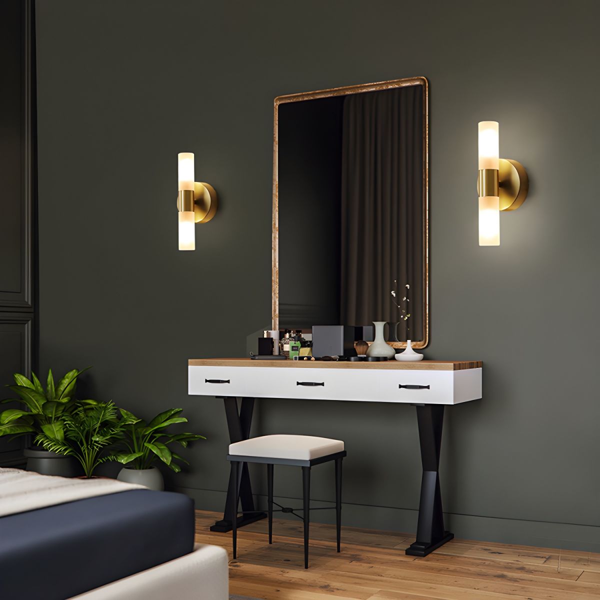 Brass LED Wall Light with Cylindrical Milk Shade