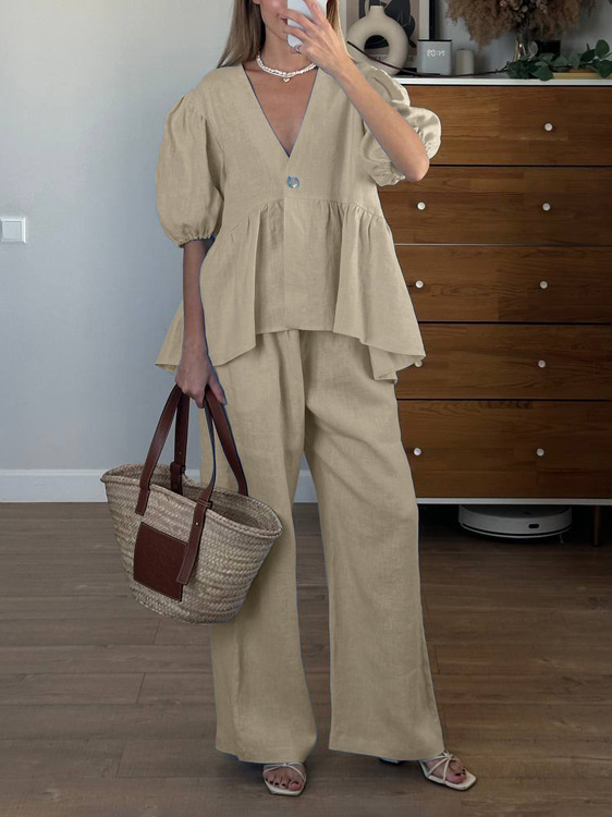 Women's Cotton Linen Two-Piece Set – Ruffled Bubble Sleeve Design