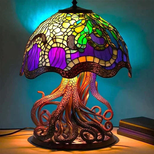 Colorful Stained Glass Table Lamp with Dimmable Light and Decorative Design