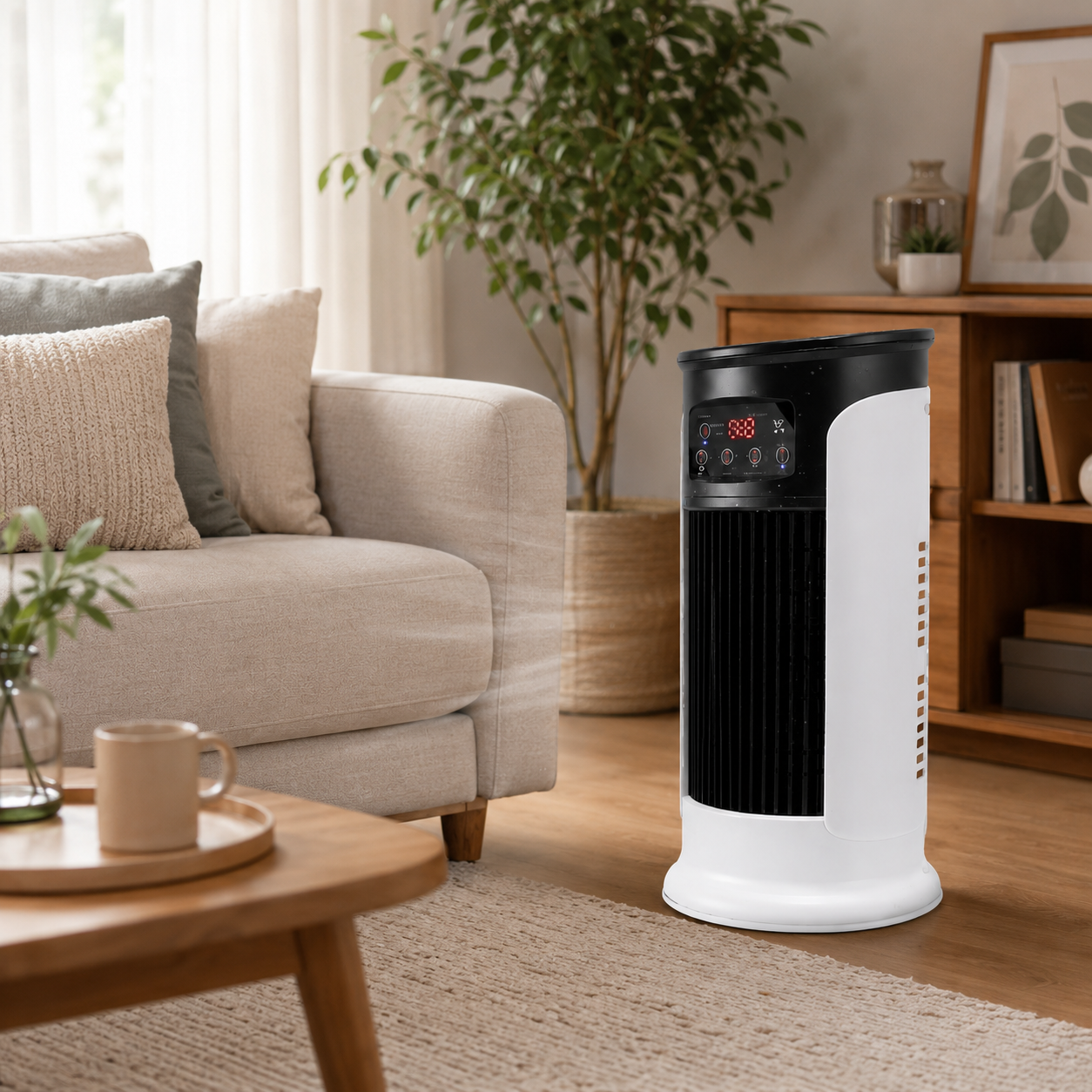 Compact Portable Tower Air Cooler with Humidifier, 3 Fan Speeds and LED Display