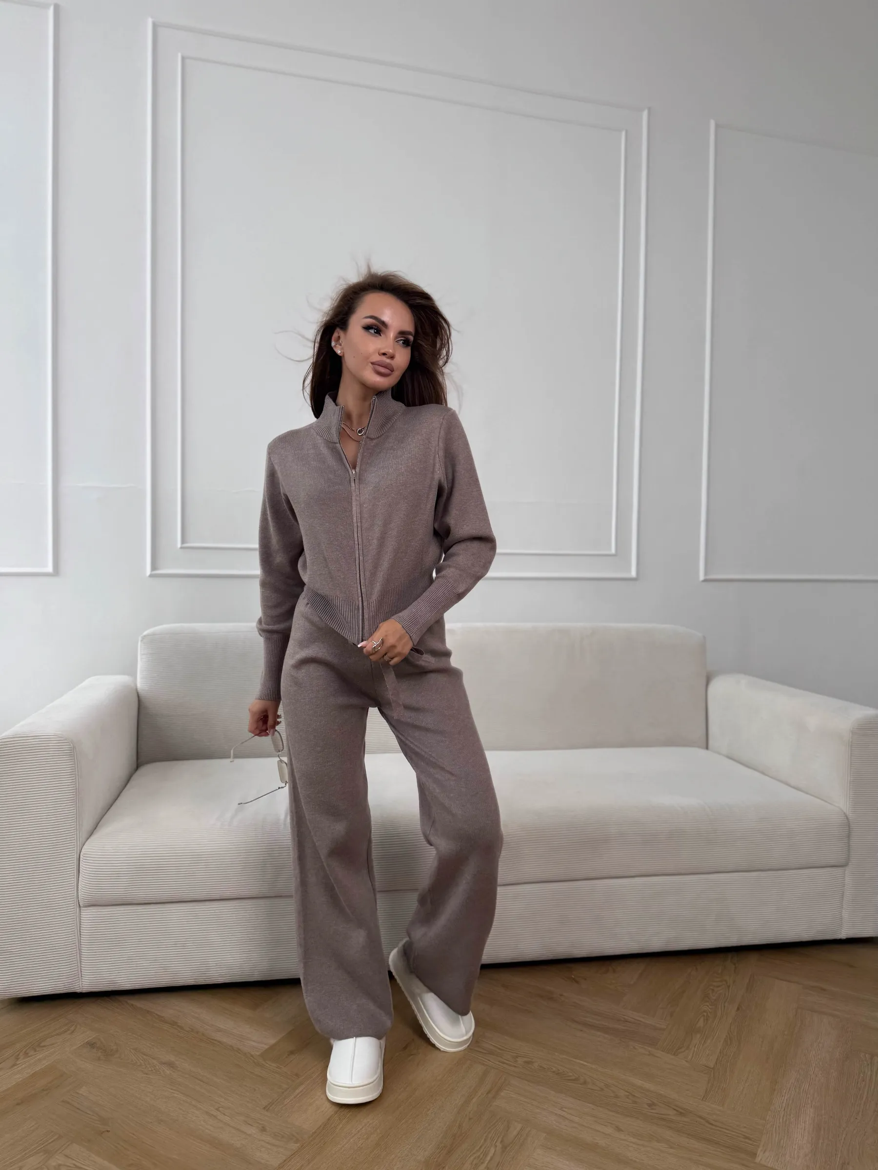 Women's Double-Zip Slim-Fit Knit Sweater Set