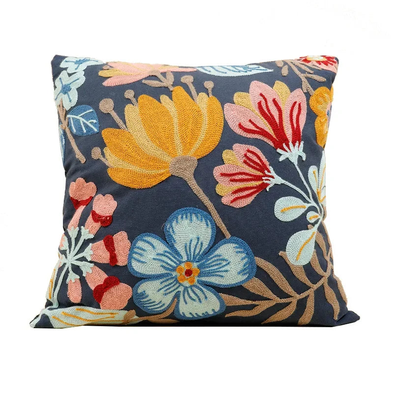 Floral Embroidered Canvas Cushion Cover