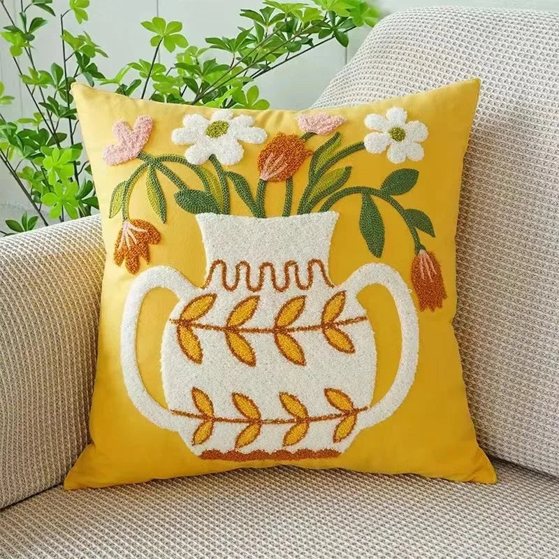 Floral Embroidered Canvas Cushion Cover
