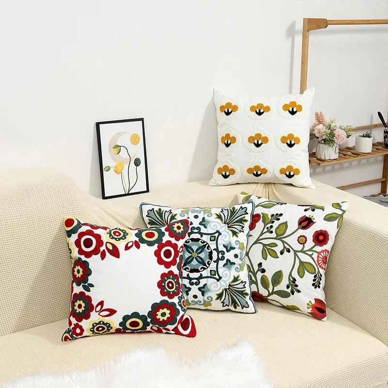 Floral Embroidered Canvas Cushion Cover