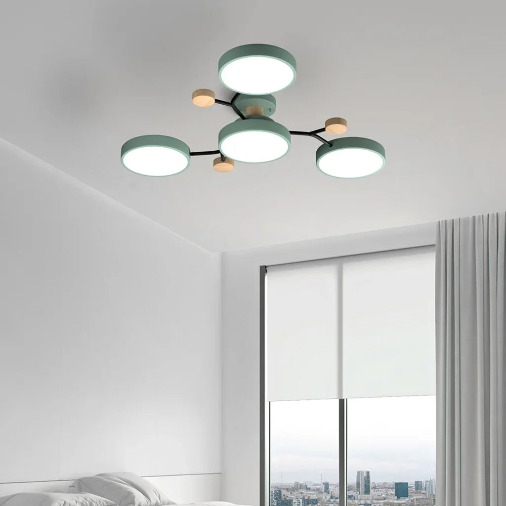 Macaron LED Ceiling Light with Geometric Multi-Head Design, Metal and Wooden Finish, Modern Nordic Style