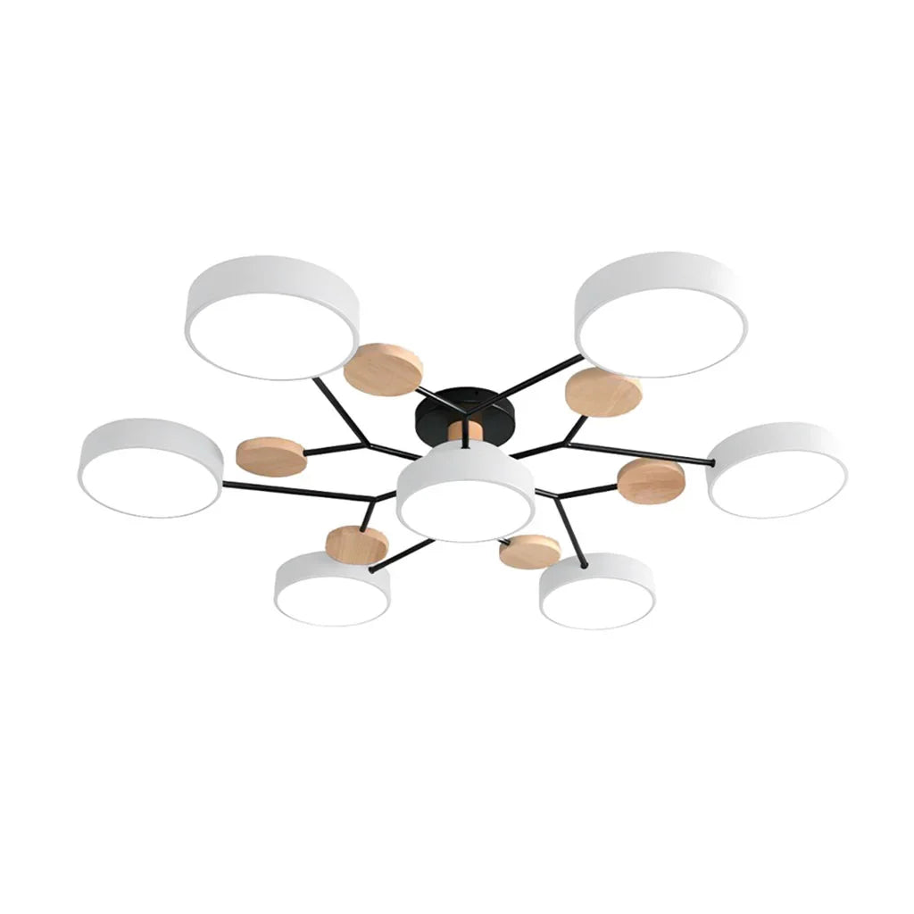 Macaron LED Ceiling Light with Geometric Multi-Head Design, Metal and Wooden Finish, Modern Nordic Style