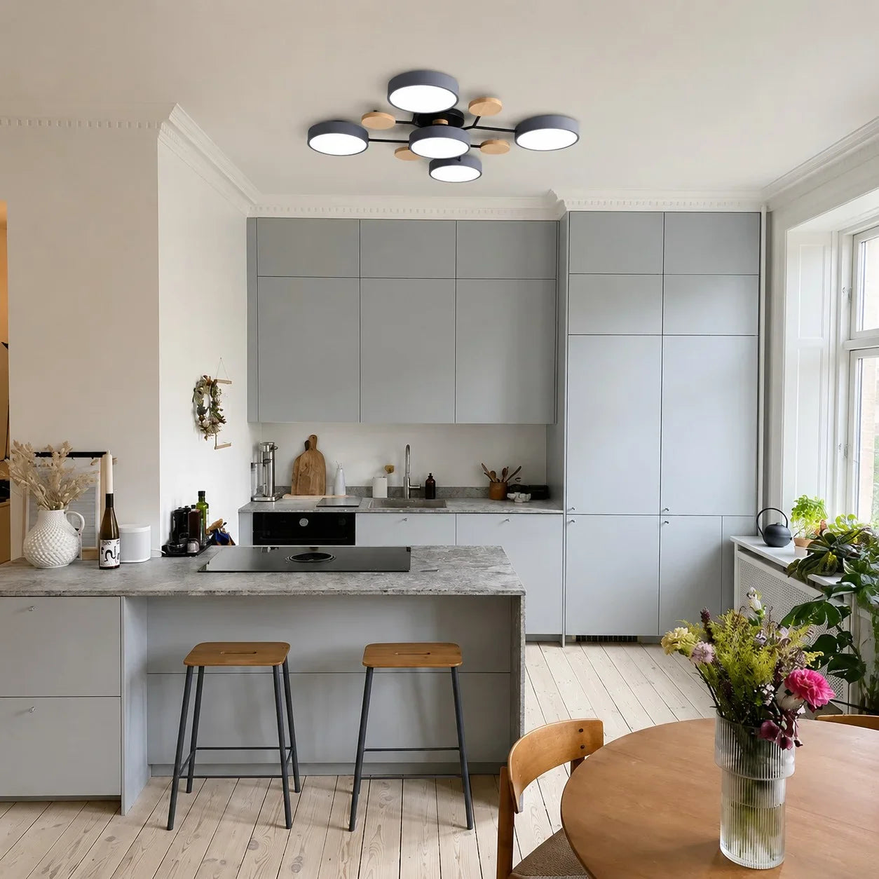 Macaron LED Ceiling Light with Geometric Multi-Head Design, Metal and Wooden Finish, Modern Nordic Style