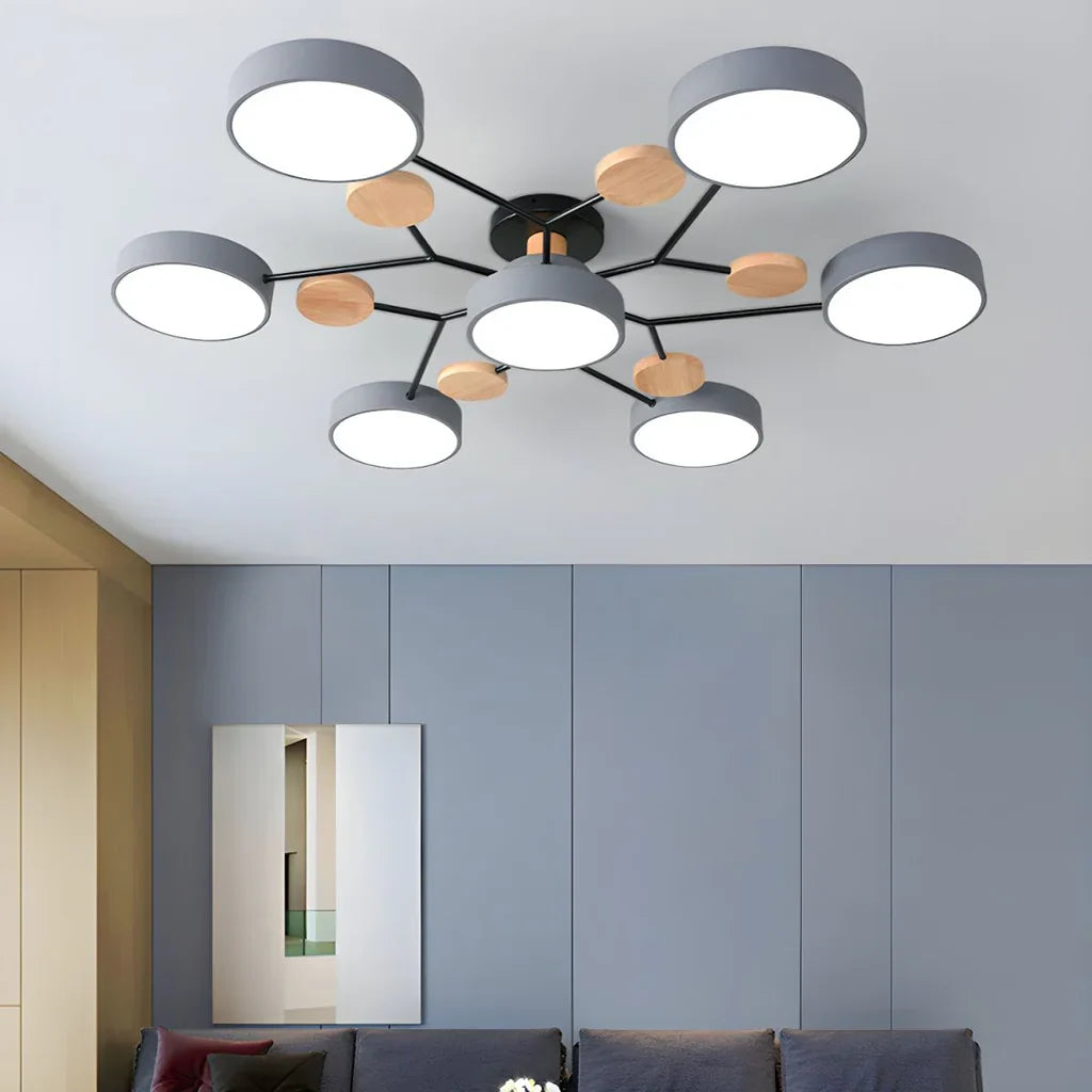 Macaron LED Ceiling Light with Geometric Multi-Head Design, Metal and Wooden Finish, Modern Nordic Style