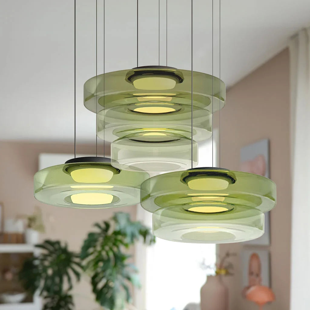 Nordic Creative Glass Pendant Light with Multi-Layer Disc Shade, Modern Macaron Design for Kitchen Island