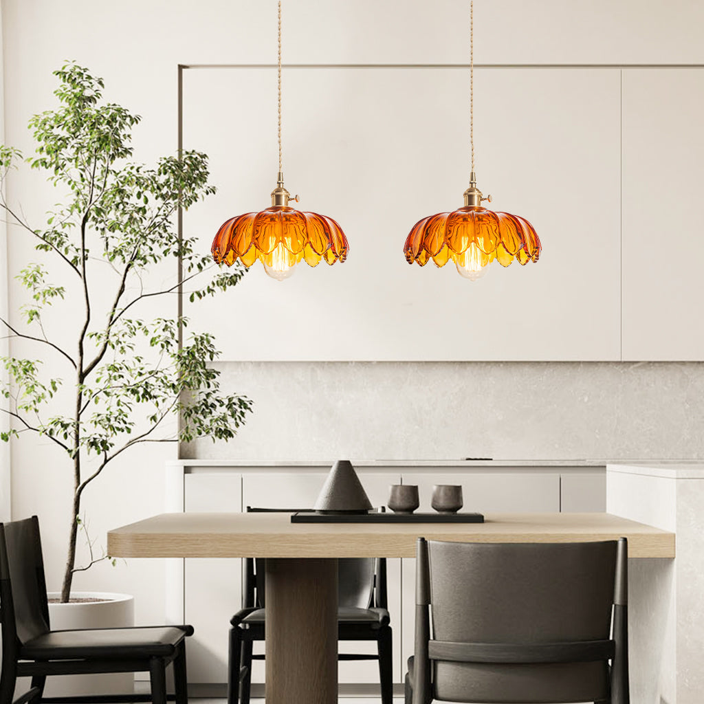 Rustic Tulip Glass Pendant Light with Brass Finish