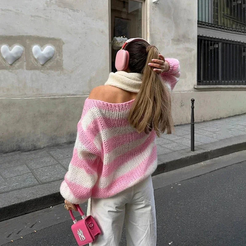 Oversized Pink Striped Sweater for Women