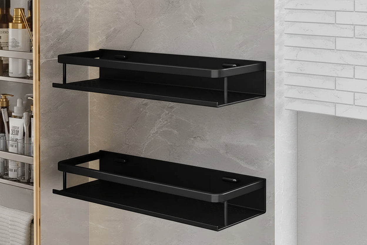 Black Aluminium Shower Shelf with Space-Saving Wall-Mounted Design
