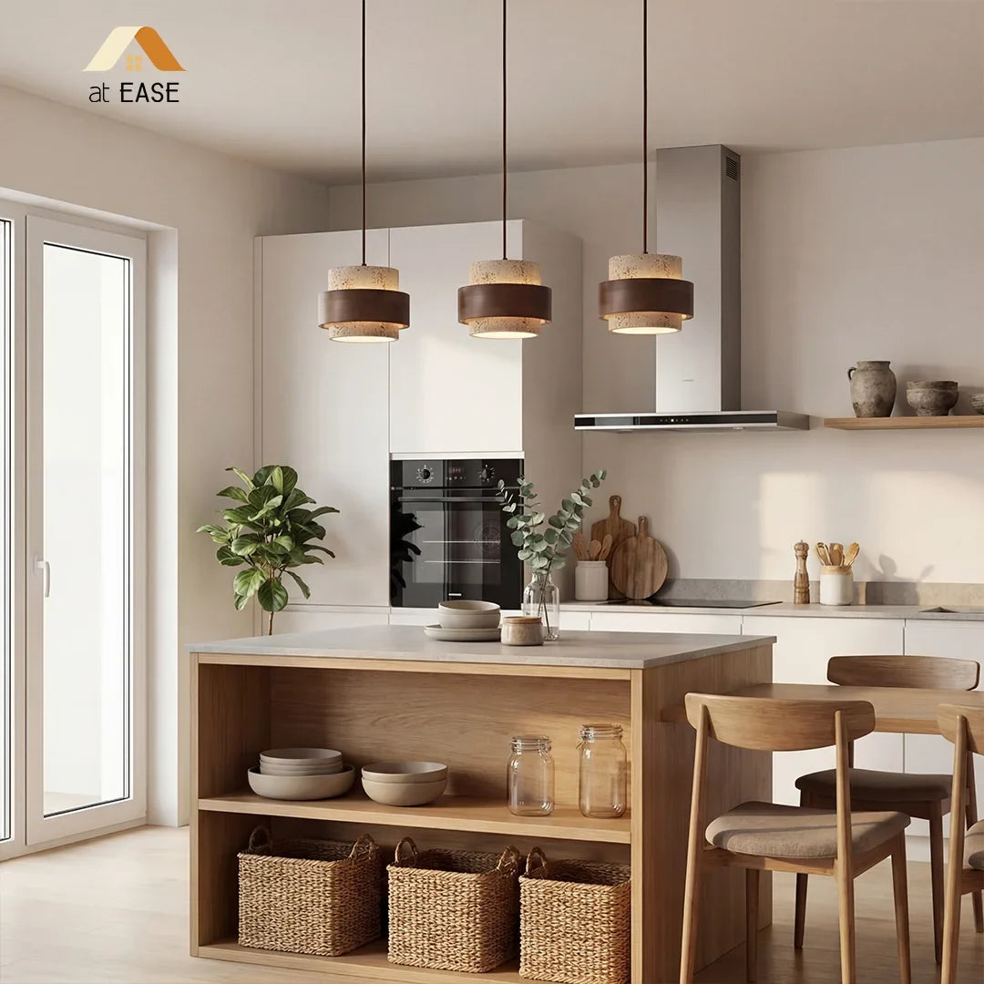 Wabi-Sabi Natural Travertine Cylinder Pendant Light with Wooden Shade, Japandi Kitchen Island Pendant Lamp