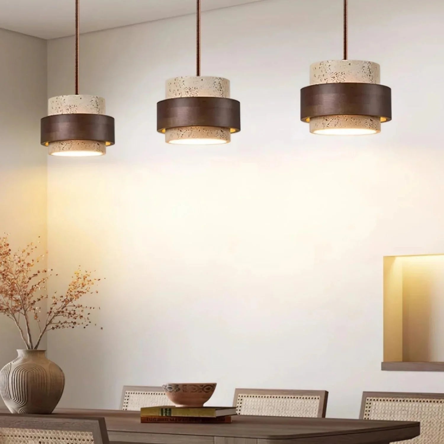 Wabi-Sabi Natural Travertine Cylinder Pendant Light with Wooden Shade, Japandi Kitchen Island Pendant Lamp