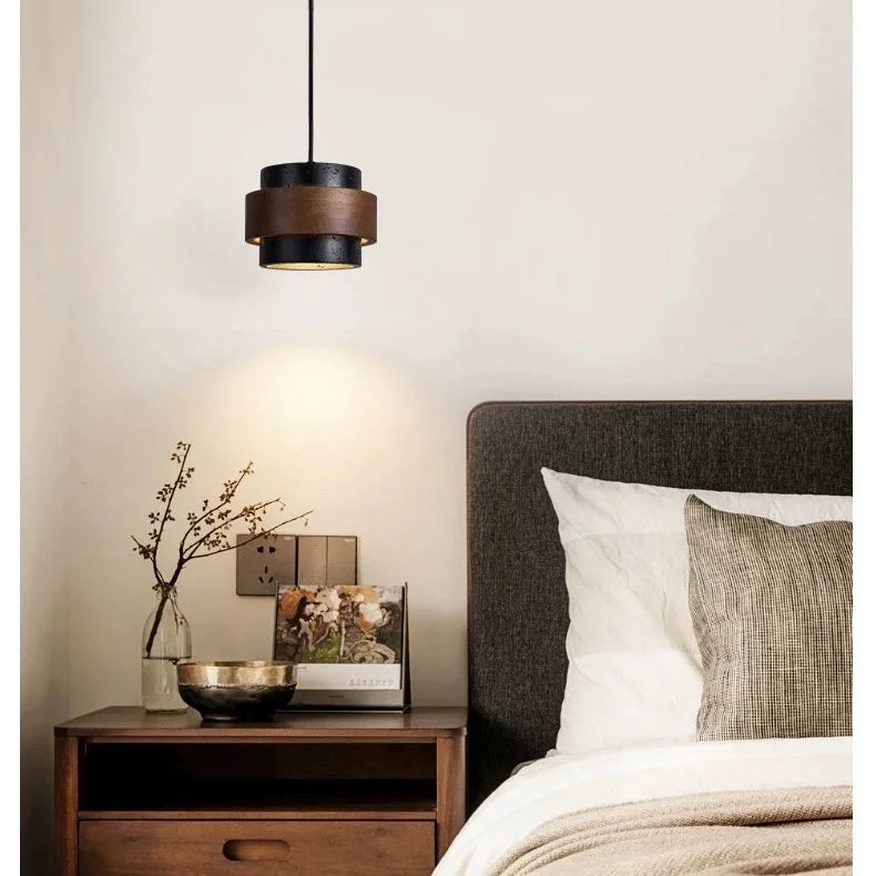 Wabi-Sabi Natural Travertine Cylinder Pendant Light with Wooden Shade, Japandi Kitchen Island Pendant Lamp