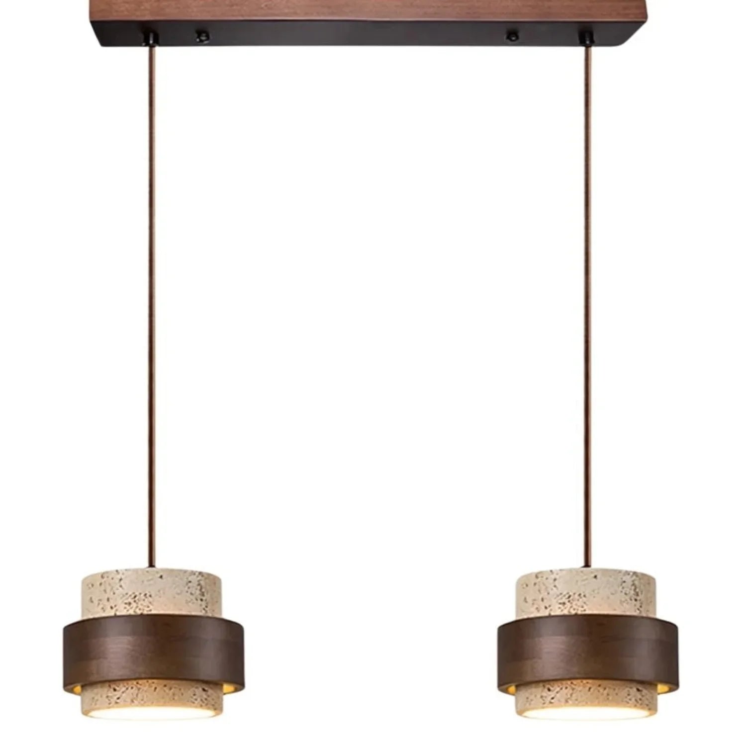 Wabi-Sabi Natural Travertine Cylinder Pendant Light with Wooden Shade, Japandi Kitchen Island Pendant Lamp