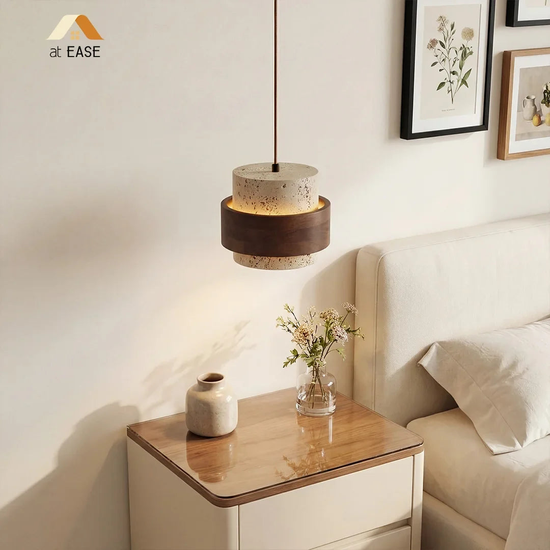 Wabi-Sabi Natural Travertine Cylinder Pendant Light with Wooden Shade, Japandi Kitchen Island Pendant Lamp