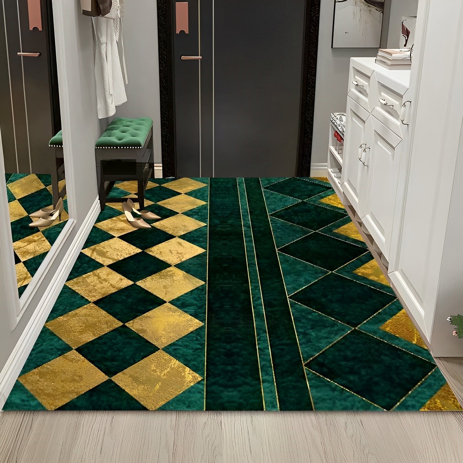 Washable Crystal Velvet Area Rug with Green Marble Design and Non-Slip Backing