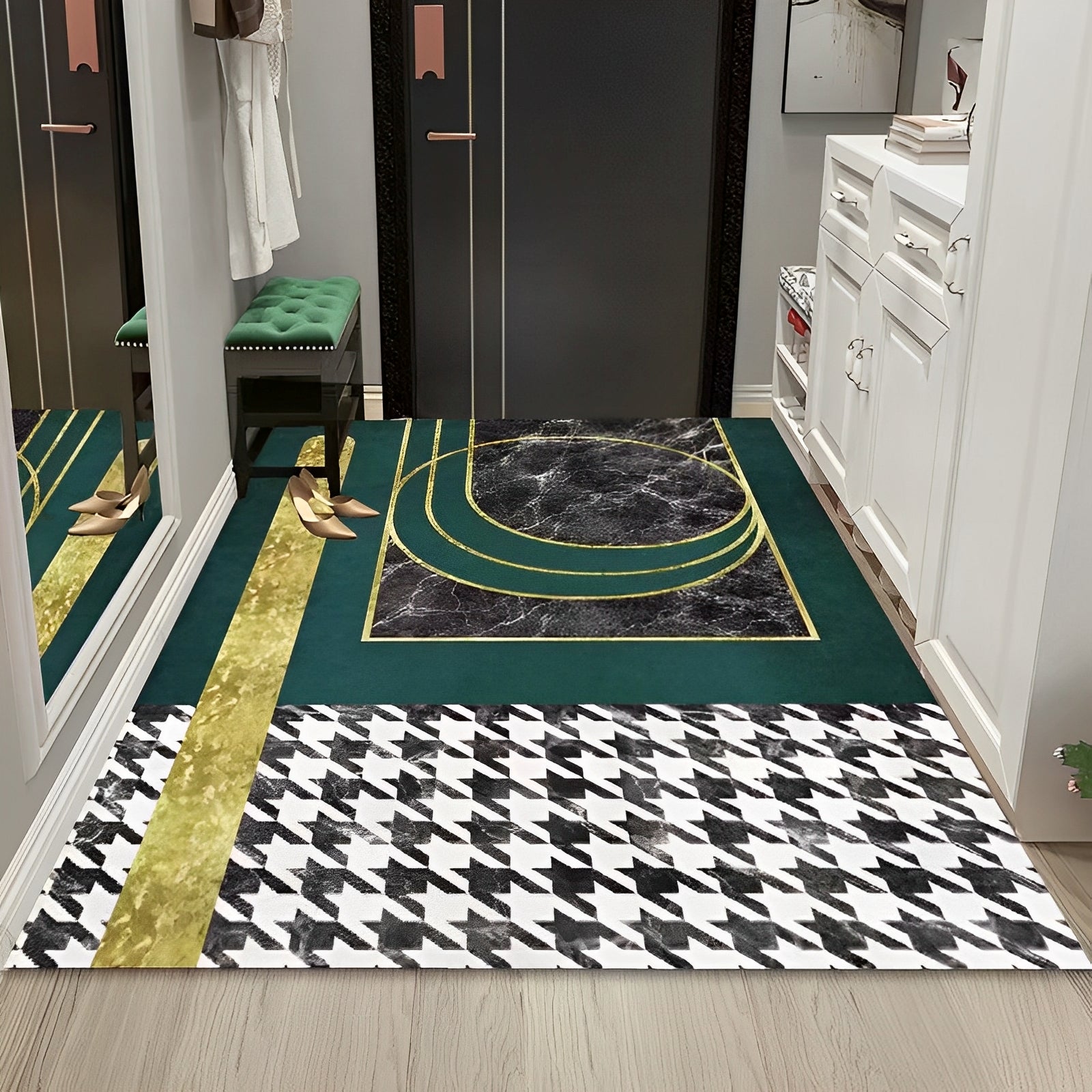 Washable Crystal Velvet Area Rug with Green Marble Design and Non-Slip Backing