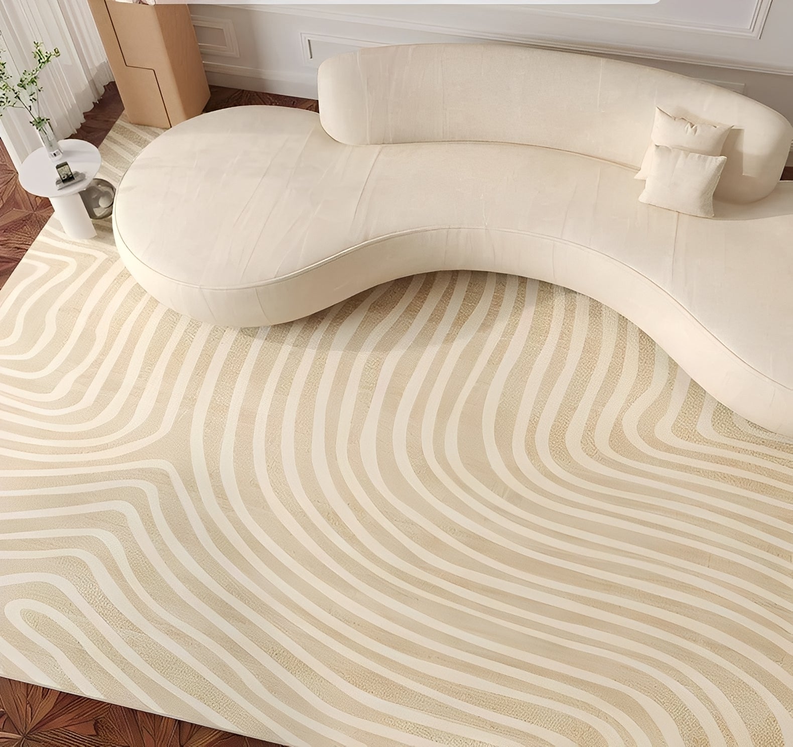 Washable Plush Area Rug in Beige with Modern Striped Design