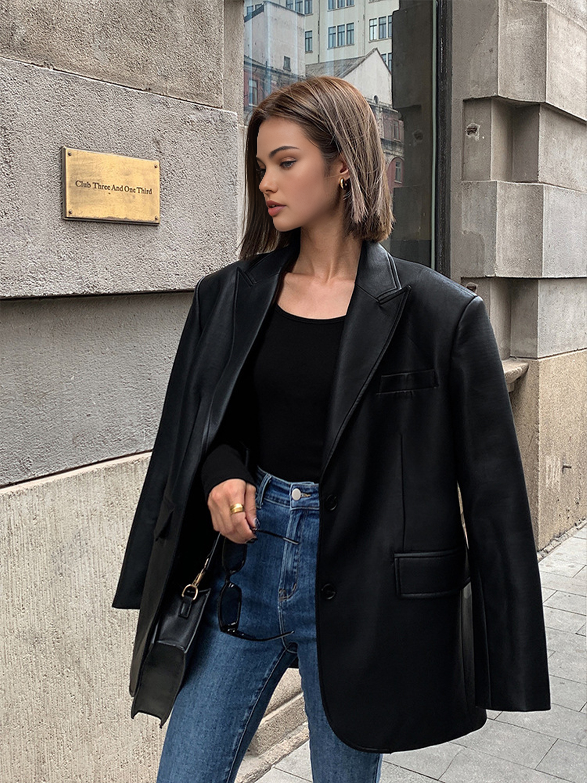 Women’s Long Faux Leather Blazer