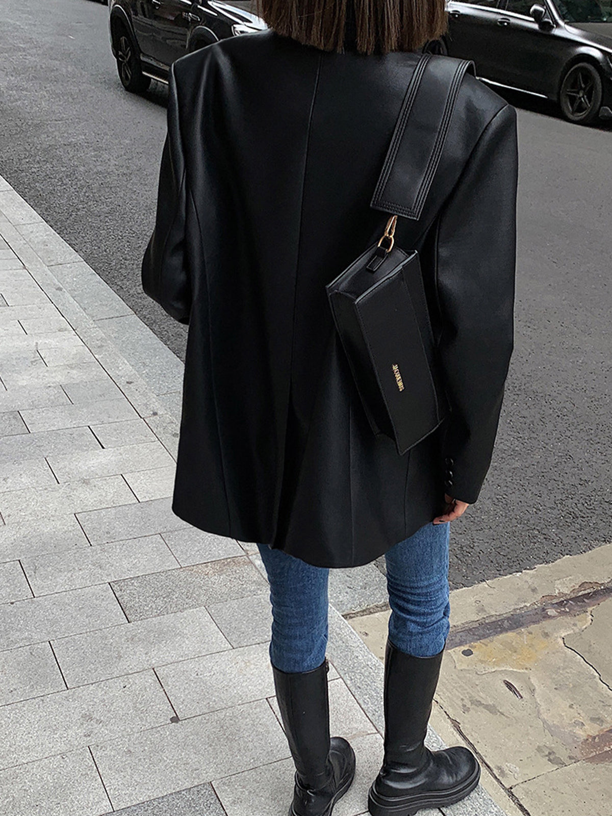 Women’s Long Faux Leather Blazer