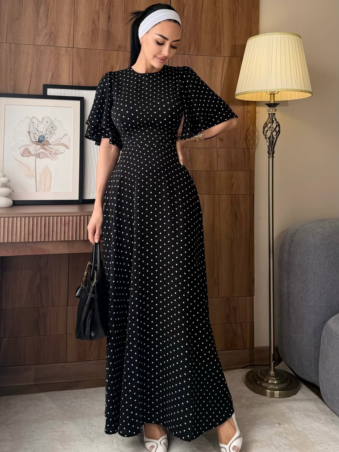 Women's Polka-Dot Satin Tie-Waist Dress – Long Regular Fit