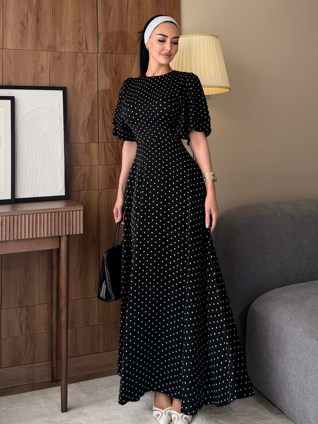 Women's Polka-Dot Satin Tie-Waist Dress – Long Regular Fit