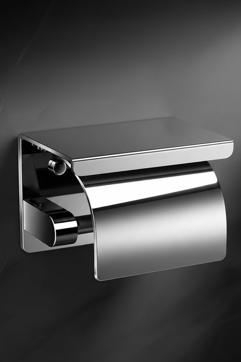 Wall-Mounted Stainless Steel Toilet Roll Holder with Storage Shelf