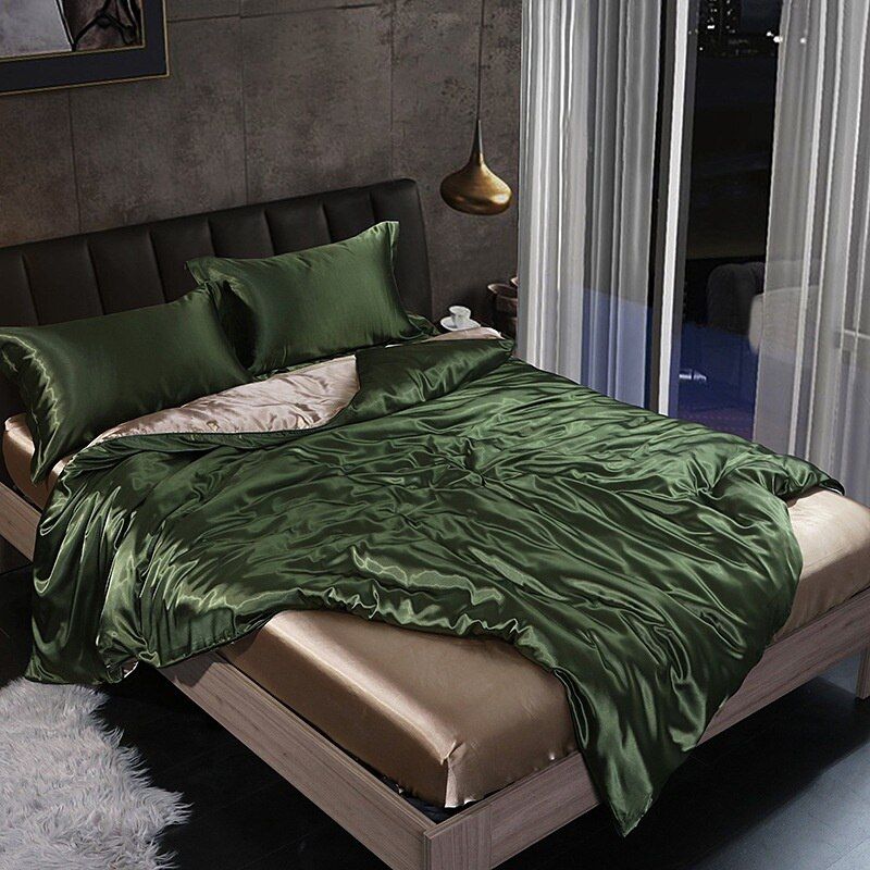4-Piece Silk Bedding Set Soft Satin Duvet Cover, Fitted Sheet & Pillowcase Set