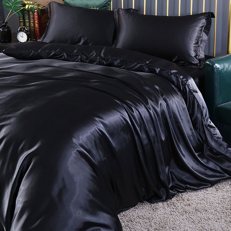 4-Piece Silk Bedding Set Soft Satin Duvet Cover, Fitted Sheet & Pillowcase Set