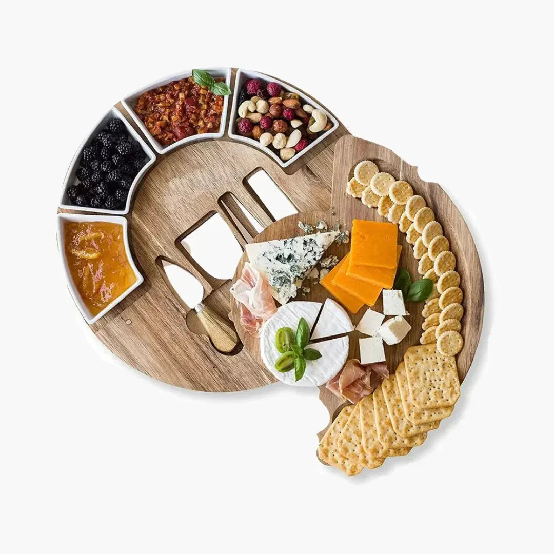 Acacia Wood Cheese Board Set with 4 Ceramic Bowls and 4 Stainless Steel Cheese Knives