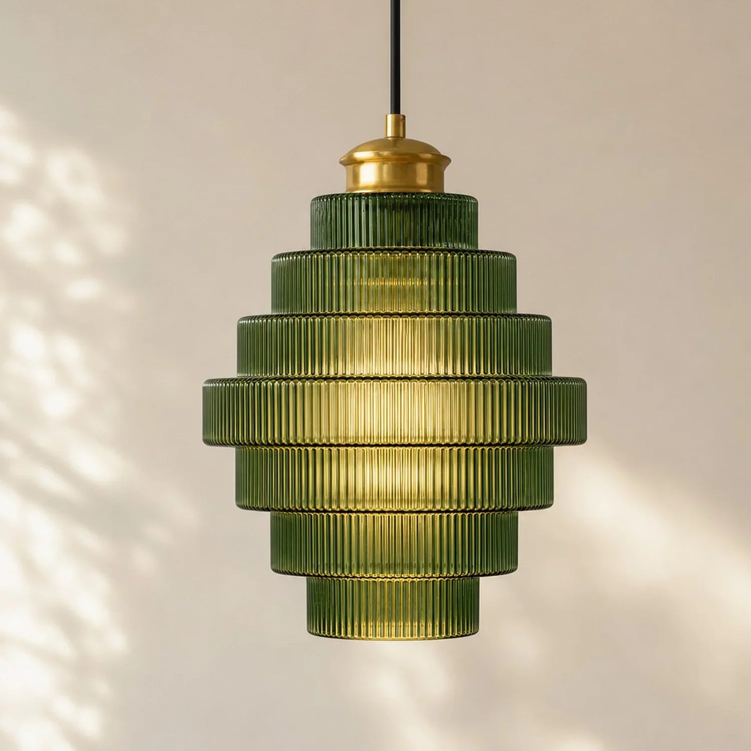 Antique Brass Striped Stained Glass Bottle Pendant Light