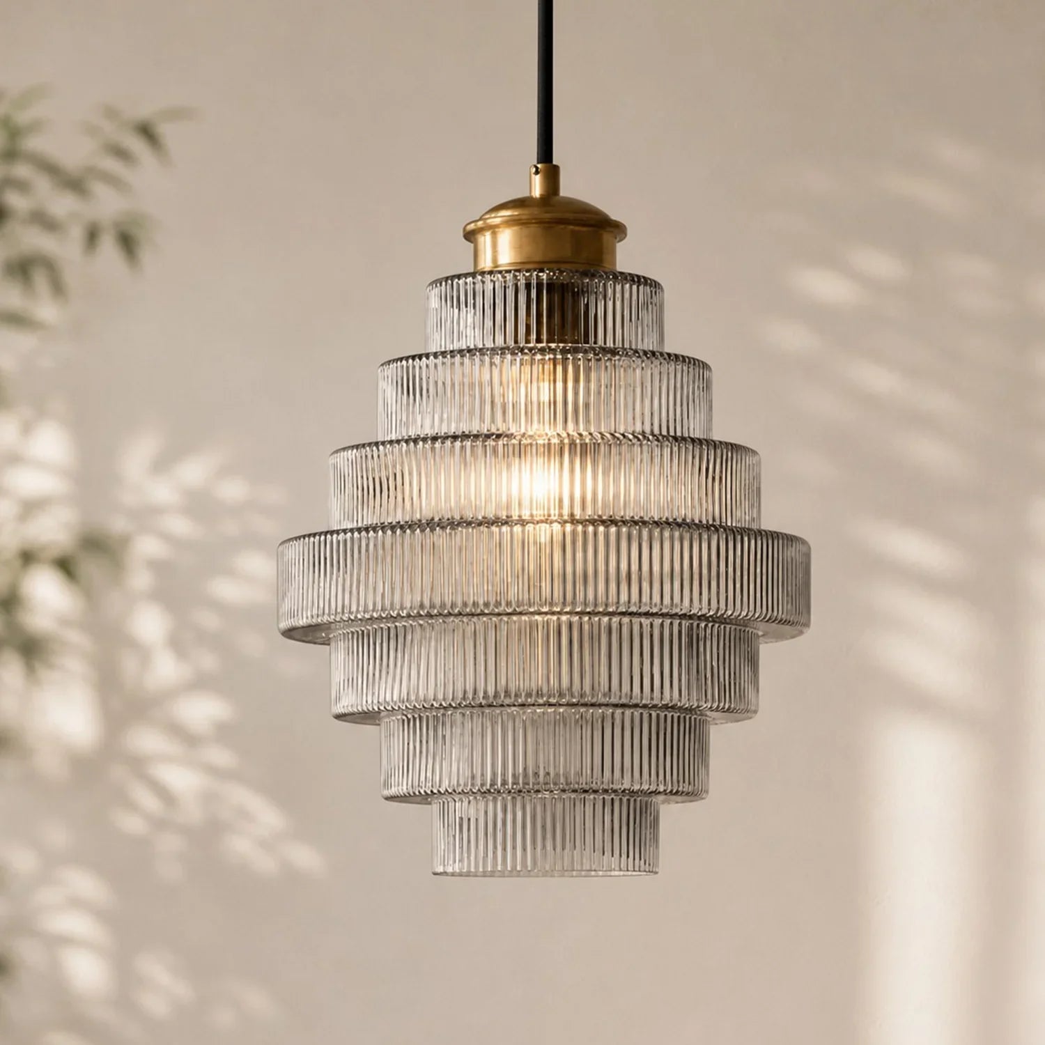 Antique Brass Striped Stained Glass Bottle Pendant Light