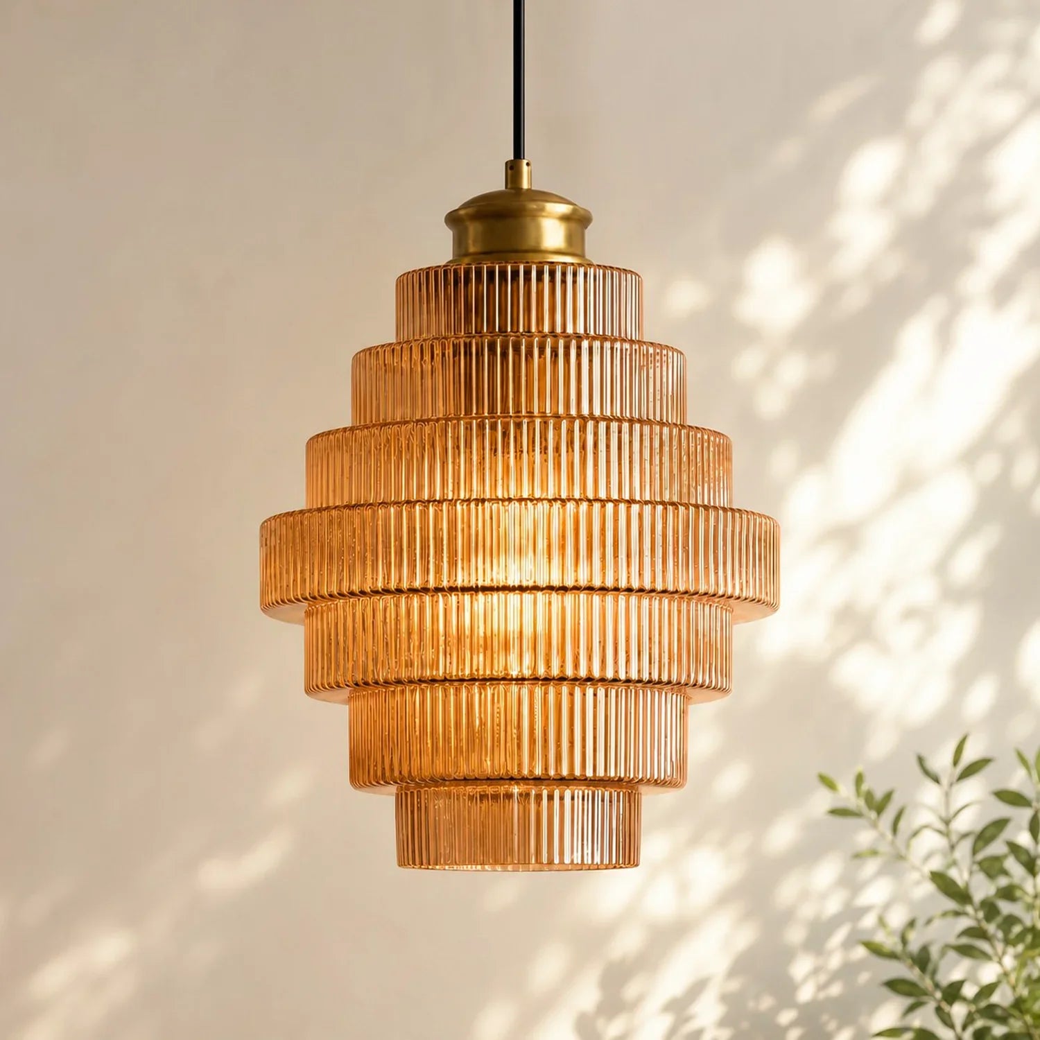 Antique Brass Striped Stained Glass Bottle Pendant Light
