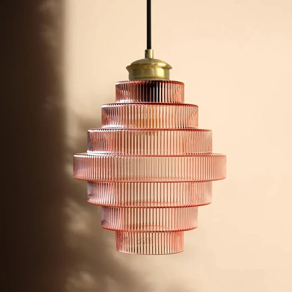Antique Brass Striped Stained Glass Bottle Pendant Light