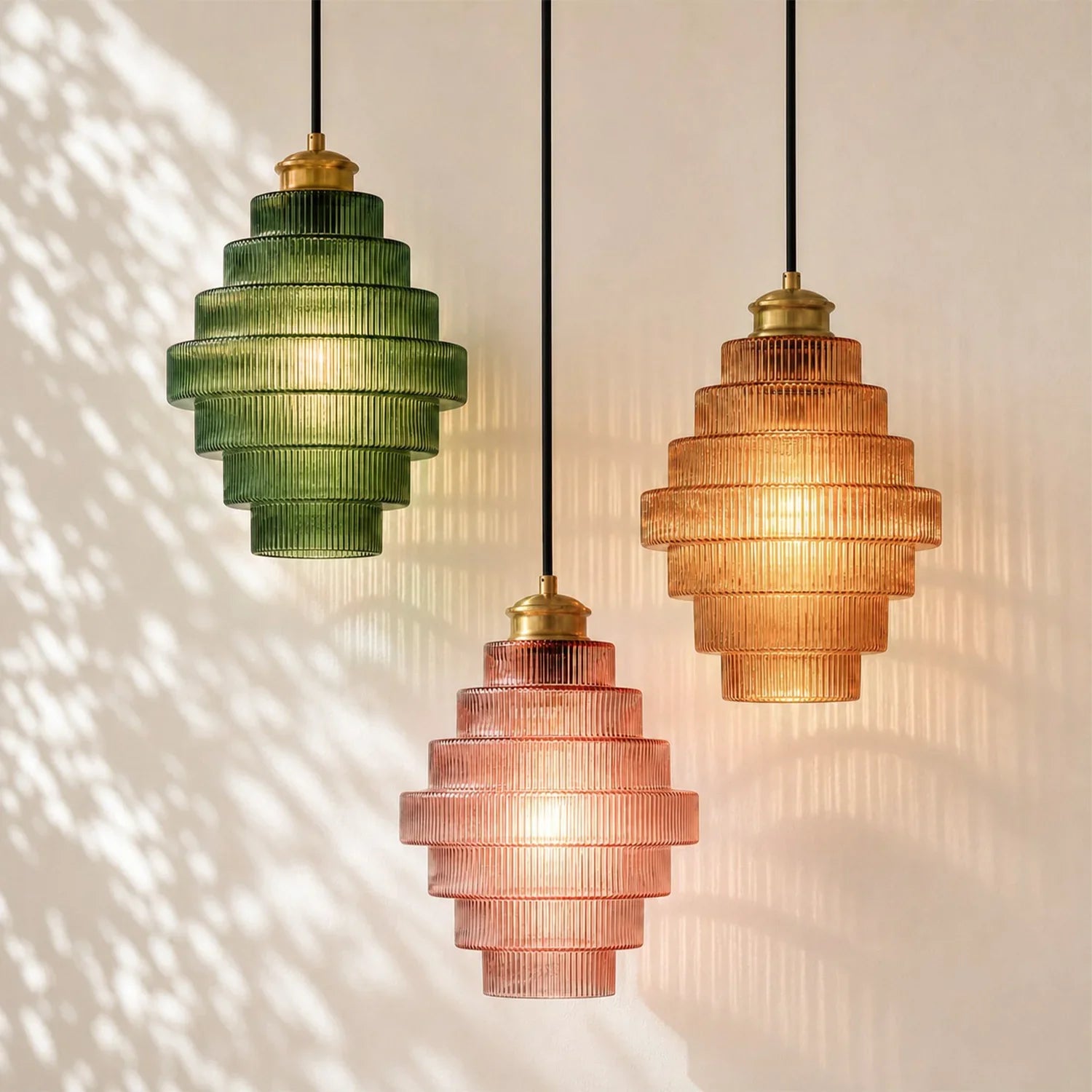 Antique Brass Striped Stained Glass Bottle Pendant Light