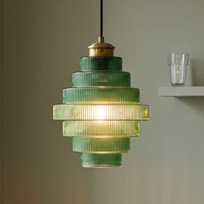 Antique Brass Striped Stained Glass Bottle Pendant Light