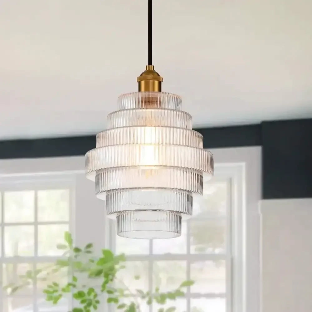 Antique Brass Striped Stained Glass Bottle Pendant Light