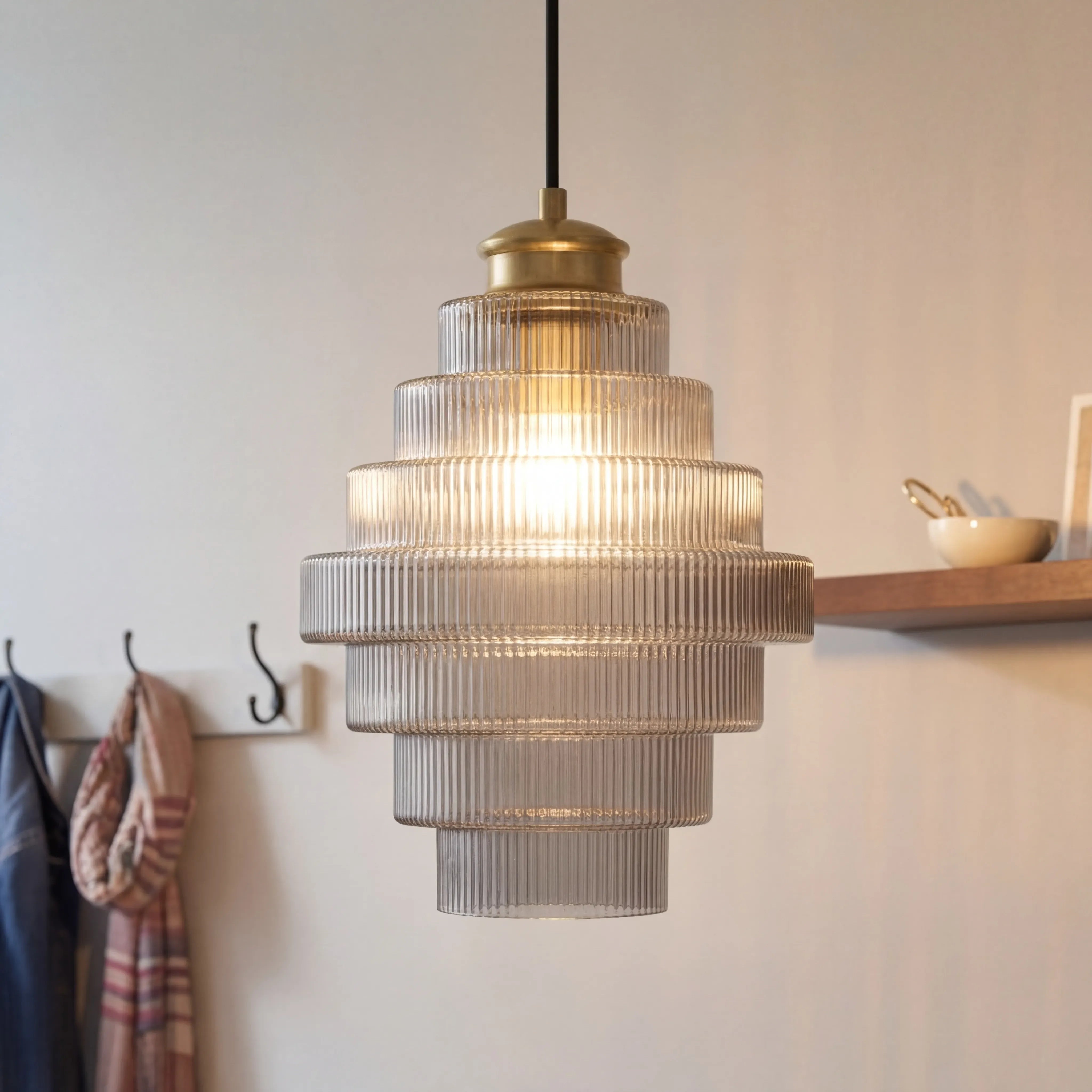 Antique Brass Striped Stained Glass Bottle Pendant Light